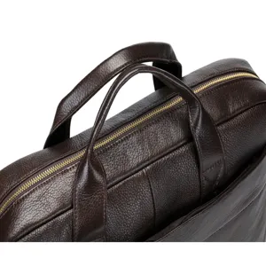 Dark brown genuine leather briefcase handle and zipper detail closeup view product
