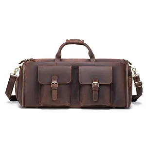 Vintage leather travel duffel bag with front pockets, large capacity business luggage bag.