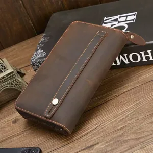 Vintage genuine leather men's long wallet retro clutch purse with wrist strap storage.