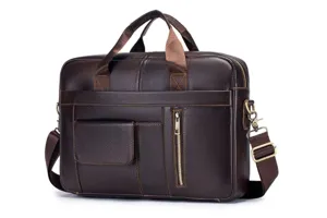 Detailed view of the brown leather business briefcase, showing premium stitching and hardware.