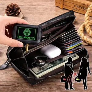 Men genuine leather long wallet rfid blocking zipper clutch large capacity card holder