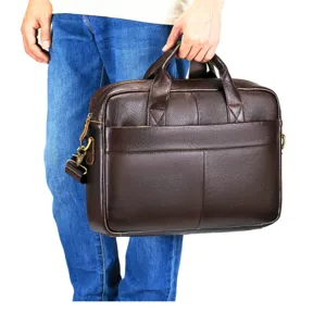 Premium leather business briefcase for men, retro laptop handbag for office work and travel.