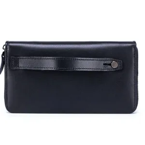 Black genuine leather men's long wallet with wrist strap and zipper closure detail.