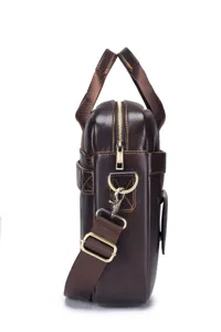 Detailed side view of brown leather men briefcase showing metal hardware, handle and strap.