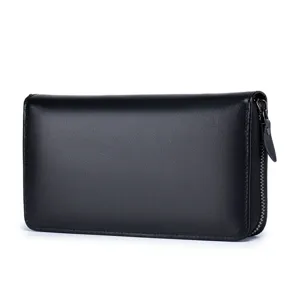 Men genuine leather long wallet black zipper clutch business coin purse minimalist card holder