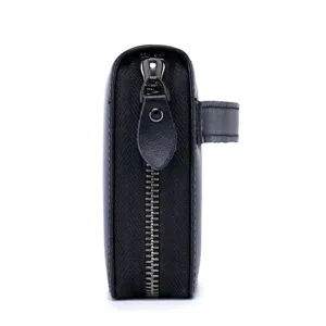 Black genuine leather men wallet side detail showing durable metal zipper and strap.