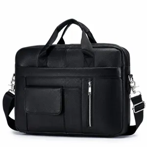 Genuine leather mens briefcase business laptop bag 14 inch large capacity messenger bag.