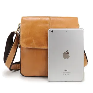 Men top-grain cowhide vertical crossbody shoulder bag for business and casual daily commuting.