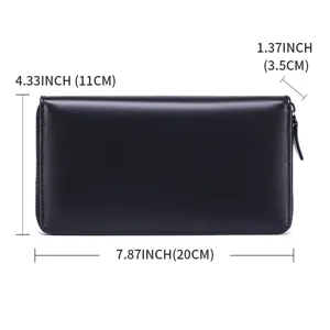 Black leather long wallet detail view, premium zipper closure design, classic business style.