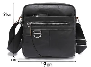 Men leather messenger bag retro crossbody shoulder bag with size details for daily use.