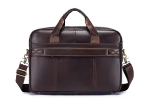 Detail shot of brown leather business briefcase, 14-inch laptop bag with durable metal hardware.