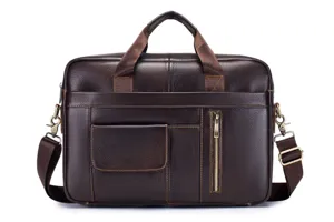 Men genuine leather business briefcase 14 inch laptop messenger bag brown stylish