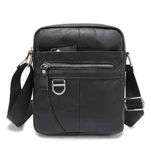 Leather messenger bag detail shot with metal zipper and adjustable shoulder strap