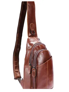 Genuine leather sling bag for men, vintage brown chest cross body bag detail view.