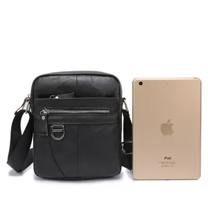 Men's genuine leather shoulder bag retro messenger crossbody bag with zipper and metal ring detail.