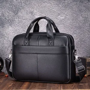 Premium black genuine leather business briefcase for men, spacious office laptop bag.