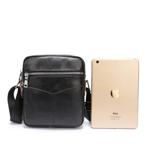 Men genuine leather shoulder bag casual business crossbody bag with zipper pocket and tablet size ref
