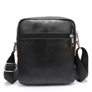 Black genuine leather men shoulder bag business casual crossbody bag detailed view.