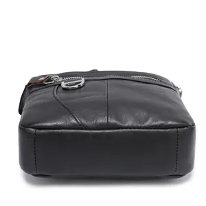 Men's black genuine leather cross-body messenger bag zipper detail view cowhide shoulder bag
