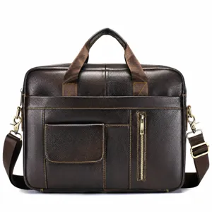 Men Genuine Leather Briefcase 14 Inch Laptop Bag Large Capacity Business Handbag Urban Minimalist Stitching Office Bag