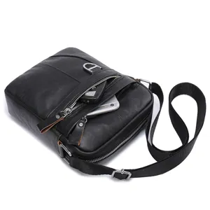 Black leather men messenger bag vintage shoulder crossbody bag with adjustable strap