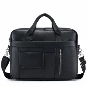 Men's genuine leather briefcase 14 inch business laptop bag with shoulder strap and large capacity.