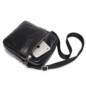 Genuine leather men messenger bag casual business shoulder crossbody bag detail view.
