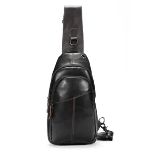 Men's genuine leather chest bag vintage casual single shoulder sling bag large capacity.