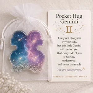 Detail view of Gemini pocket hug acrylic token with constellation card and white organza bag.