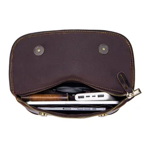 Men's leather shoulder bag interior detail, multi-pocket crazy horse leather sling bag.