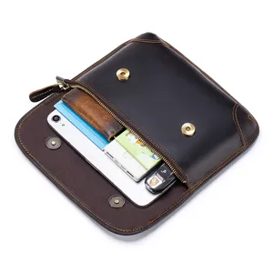 Men's vintage brown genuine leather clutch bag detail view displaying daily storage capacity.