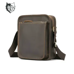 Men's Genuine Leather Crossbody Bag Vintage Crazy Horse Cowhide Casual Messenger Bag Shoulder Bag For Business Travel