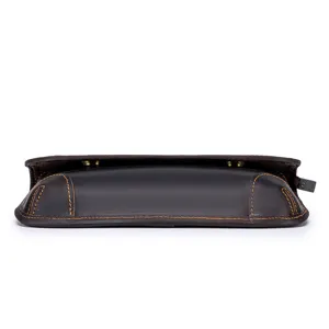 Detailed close-up shot of the dark brown genuine leather pouch showing contrast stitching.