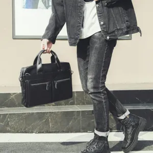 Men genuine leather business briefcase casual handbag stylish laptop shoulder bag black