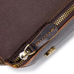 Men's genuine crazy horse leather shoulder bag detail, vintage retro messenger bag zipper.
