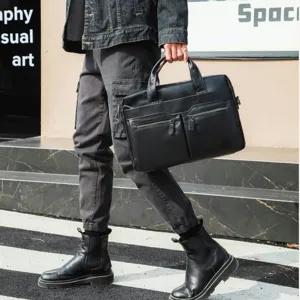 Men's black leather business briefcase stylish casual handbag office laptop messenger bag.