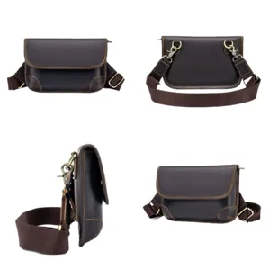 Men's vintage genuine leather shoulder bag casual crossbody bag multi-angle view product display