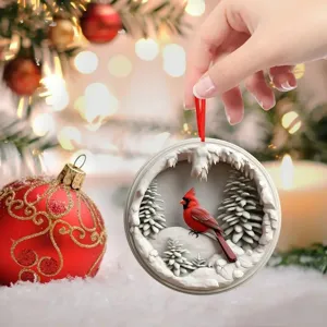 Christmas acrylic hanging ornament detail view with winter cardinal bird for holiday tree decor.