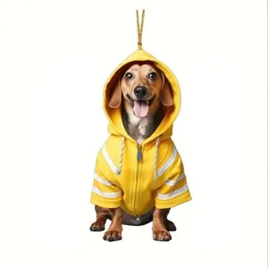 Cute acrylic dachshund car hanging ornament with yellow hoodie, perfect rear view mirror decor
