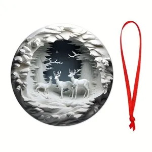 Detailed view of the circular acrylic Christmas deer pendant with hanging red ribbon.