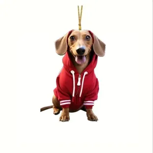 Cute dachshund acrylic pendant hanging detail, red hoodie design for car mirror decor.