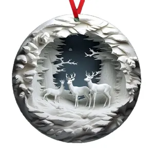 Christmas deer hanging ornament, white forest paper-cut style 3d acrylic pendant for tree
