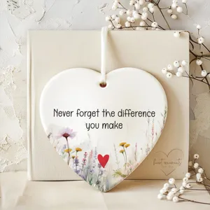 Exquisite ceramic friendship heart ornament with floral watercolor and warm friendship quote.