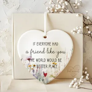 Friendship ceramic heart hanging ornament with sweet quote and floral design for home gift decor