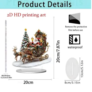 Detailed dimension specification of the 2D acrylic Santa sleigh desktop ornament display.