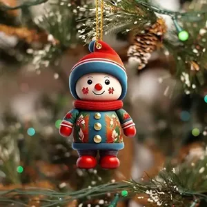 Christmas tree hanging ornament detail view, cute character doll pendant with festive colors.