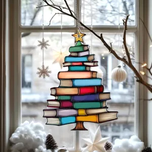 Acrylic Christmas Tree Book Hanging Ornament Festive Holiday Party Home Decor Colorful Stacked Books Pendant With Chain