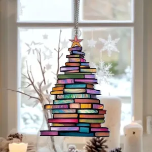 Colorful book stack Christmas tree acrylic hanging ornament, detailed winter window decor view.