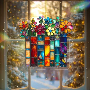 Stained glass books and flowers acrylic hanging ornament for home window holiday decoration
