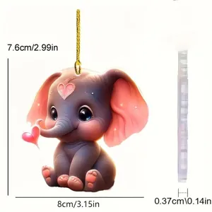Vista dettagliata del grazioso ciondolo per auto in acrilico elefante con dimensioni.
